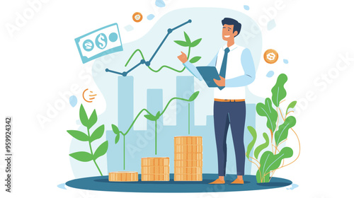 Financial growth concept. Young businessman earn more profit, make money from cryptocurrency