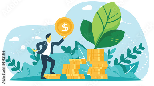 Financial growth concept. Young businessman earn more profit, make money from cryptocurrency