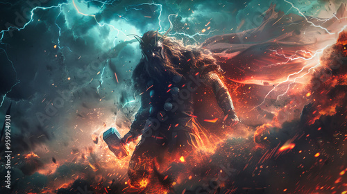 Thor, the norse god of thunder, with his hammer, surrounded by lightnings