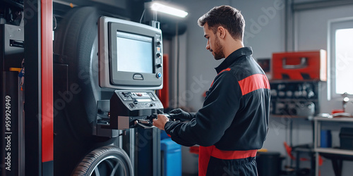 A service station worker uses an advanced wheel alignment machine in an elegant modern auto repair shop.