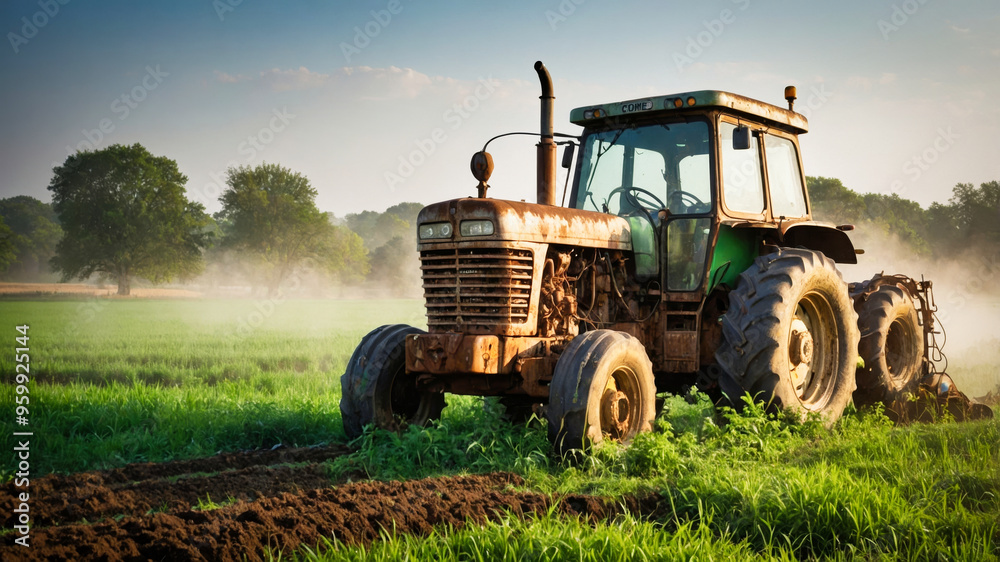 Fototapeta premium An old rusty tractor on a green field