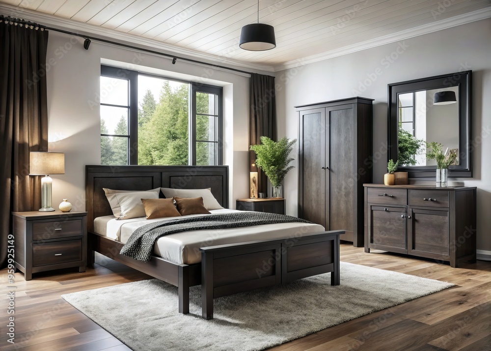 Fototapeta premium In this serene setting, simple yet elegant black-stained ash wood bedroom furniture pieces take center stage, exuding