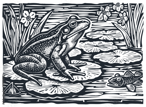 A vector illustration of a frog sitting on lily pads in a pond, depicted in an engraving style.