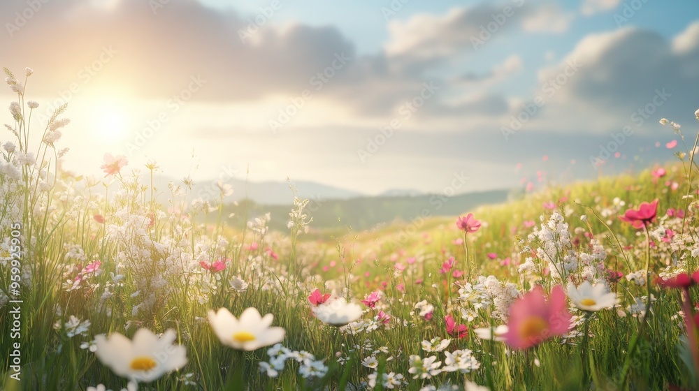 Painting a bright and vibrant wildflower meadow during sunset, showcasing colorful blooms under a clear sky, perfect for nature lovers. Painting a bright and vibrant wildflower meadow during sunset, showcasing colorful blooms under a clear sky, perfect for nature lovers.