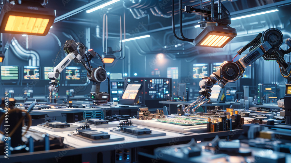 A high-tech factory with robotic arms working on circuit boards A high-tech factory with robotic arms working on circuit boards