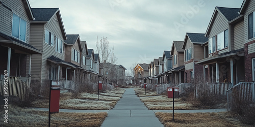 Rows of foreclosed homes with yard signs signaling economic crisis photo