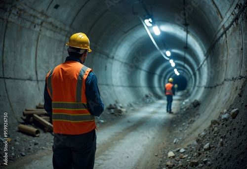 Construction worker in safety gear inspecting a well-lit underground tunnel.