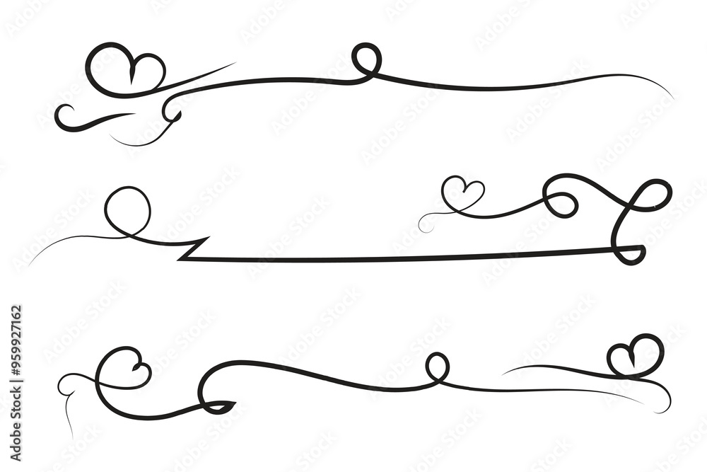 
Filigree curly Calligraphic Heart, Fancy Line hearts Flourishes Swirls, curve romantic love separator, Valentine's Day divider flourish Swirl, Calligraphy Flourish lettering header hearts scroll