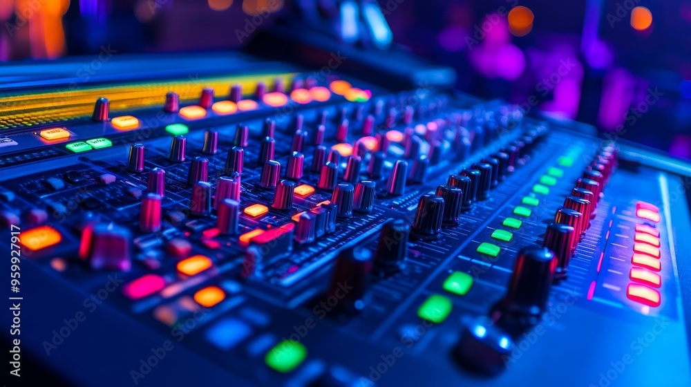 Modern sound mixer console with colorful buttons and sliders, set against the backdrop of a live music venue Modern sound mixer console with colorful buttons and sliders, set against the backdrop of a live music venue