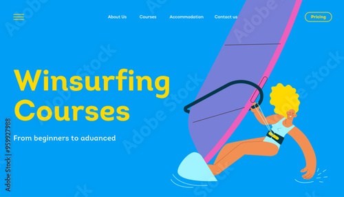 Happy female windsurfing, standing on a sail board. Outdoor water sport activities. Modern flat vector illustration. Windsurfing courses. Landing page and website banner template.