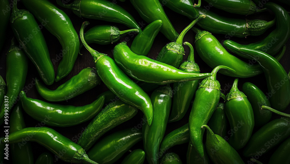 A close-up shot of a collection of bright green chili peppers, laid out on a dark surface. The peppers are arranged in a random pattern and there are some shadows and highlights.