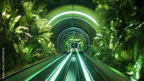 Obraz Futuristic Green Tunnel with Escalator and Train