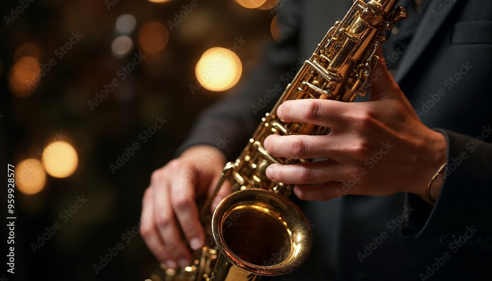 Obraz premium Close-up of hands playing a saxophone with bokeh lights in background.