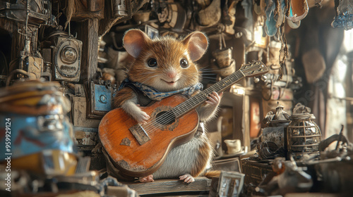 A hamster playing a guitar in a shop