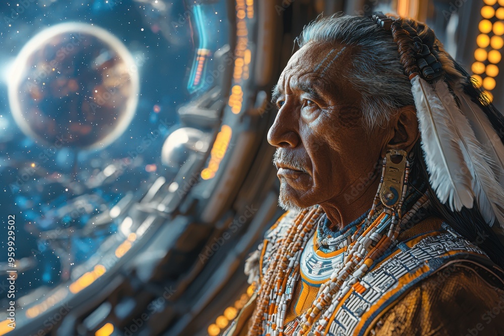 Native American elder in traditional attire gazing out of a futuristic spacecraft window Native American elder in traditional attire gazing out of a futuristic spacecraft window