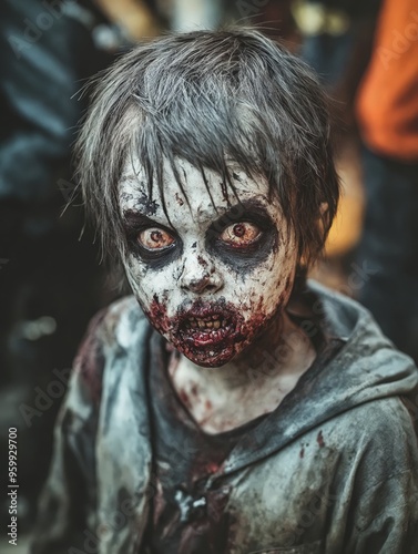 A young boy dressed as a zombie with blood on his face.