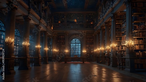  Alarge library with tall shelves of books, candles, and pillars. photo