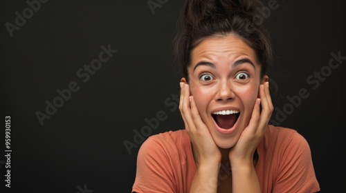 Beautiful excited blonde female covers eyes with happiness, doesnt expect to recieve pleasant surprise from close friend, being thankful and pleasantly shocked, isolated over black background