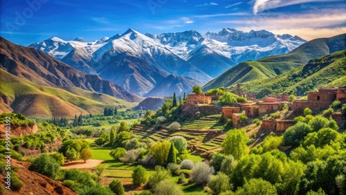 Breathtaking vista of snow-capped Atlas Mountains towering above lush green valleys, rugged peaks meeting clear blue sky in Morocco's North African landscape.