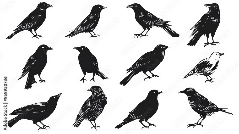 Fototapeta premium Trendy set of black silhouettes of birds on a white background, made with ink, rough brushstrokes. Generative AI