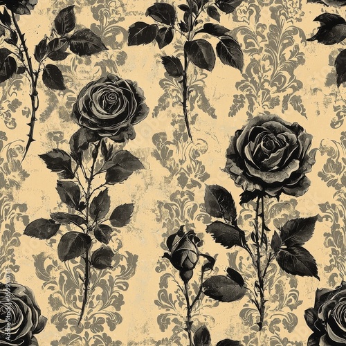 Whimsical Vintage Roses: Soft Romantic Floral Pattern with Distressed Black and Cream Ornate Accents