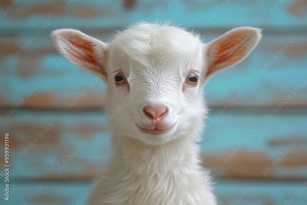 Fototapeta premium adorable white baby goat with fluffy fur and expressive eyes standing on rustic wooden backdrop farm animal portrait with soft natural lighting