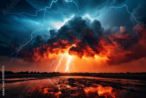 Dramatic lightning storm illuminating the sky over a flooded field at dusk in a rural area