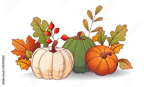 Vector illustration of pumpkins with leaves. Autumn harvest and leaves of oak, maple. Warm fall, thanksgiving day concept.	