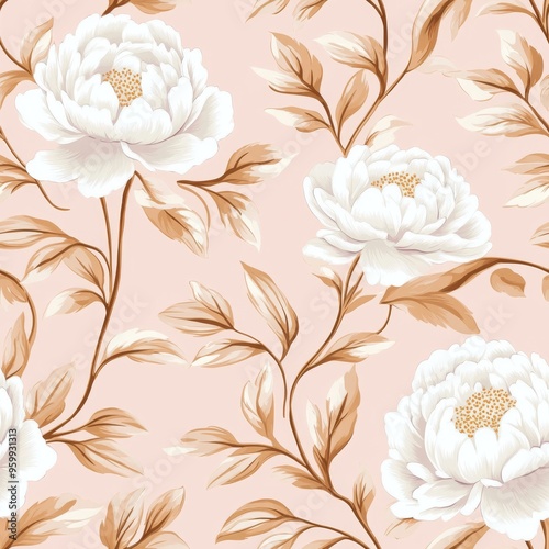 White peonies and gold vines on light pink background, seamless pattern, chic vector design.
