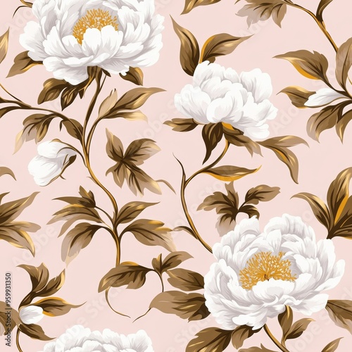 Seamless white and gold floral pattern on light pink, elegant peonies and vines, vector illustration.

