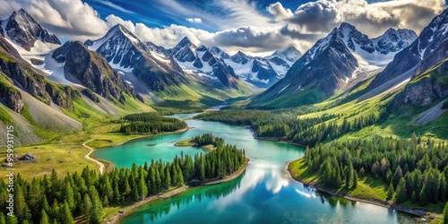 Captivating Aerial View Showcasing The Rugged Peaks, Alpine Meadows, And Glistening Lakes Of The Majestic Altai Mountains In The Heart Of Siberia. photo