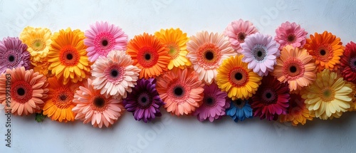 A Row of Colorful Gerbera Daisies on a Light Gray Background