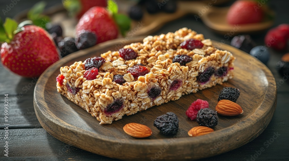 Delight in a vibrant display of gluten-free vegan snack bars topped with berries and almonds, set on a wooden plate among fresh fruit in a warm, inviting atmosphere Delight in a vibrant display of gluten-free vegan snack bars topped with berries and almonds, set on a wooden plate among fresh fruit in a warm, inviting atmosphere