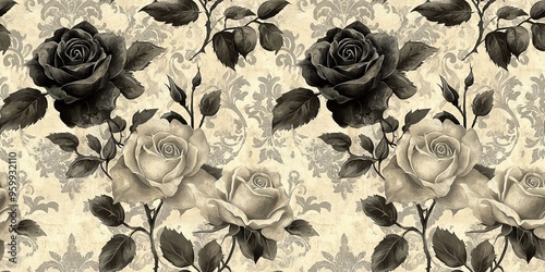 Classic Victorian Roses: Ornate Black and Cream Floral Print with Rustic Distressed Edges