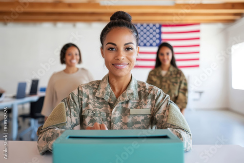 Confident female soldier smiling proudly in military office casting votes for presidential election photo