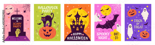 Happy Halloween party posters or flyers big set. Vector illustration with pumpkin, ghost, moon, bat, and spiders web