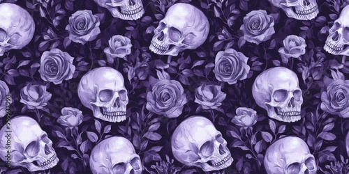 Gothic Skull and Rose Floral Seamless Pattern with Dark Background and Elegant Purple Botanical Design