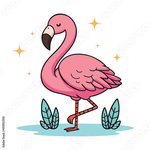 Cute pink flaminggo kawaii cartoon vector illustration in flat style