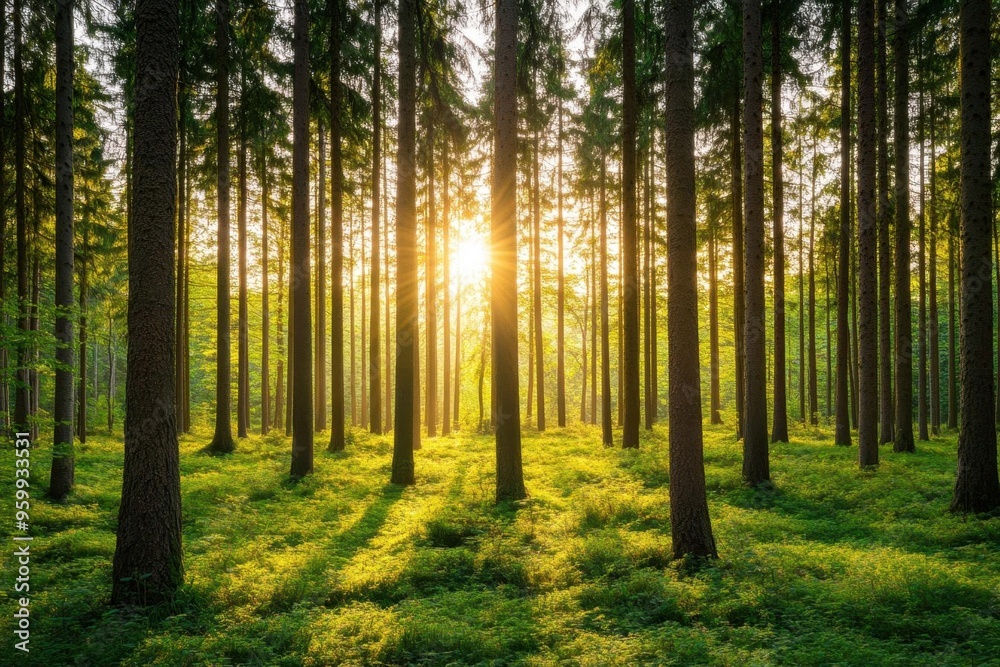 Fototapeta premium A serene forest scene bathed in golden sunlight, showcasing tall trees and lush green undergrowth, perfect for nature lovers.