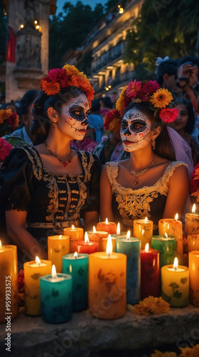 Wallpaper Mural Dos mujeres con maquillaje de Catrina y velas coloridas celebran el Día de Muertos en una procesión nocturna Torontodigital.ca