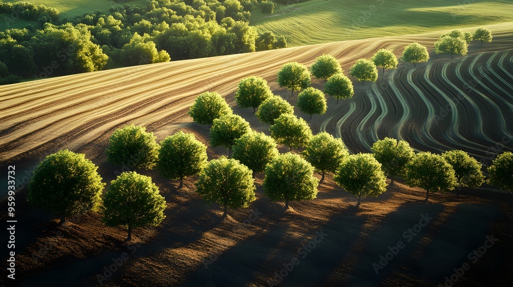 Fototapeta premium Aerial view of a curved line of trees on terraced green fields at sunrise