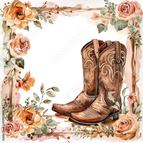  Watercolor frame with cowboy boots and roses illustration on white background