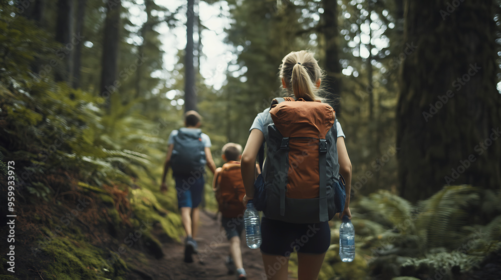 A family hiking through a forest, with backpacks and water bottles, exploring nature and staying fit 