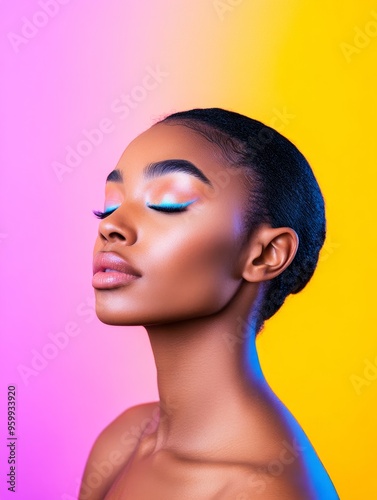 Beautiful Nigerian woman in vibrant neon portrait emphasizing skin care photo