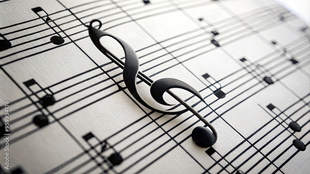 Close-Up Image Of A Musical Staff With Treble And Bass Clefs And Notes Printed On A White Background Close-Up Image Of A Musical Staff With Treble And Bass Clefs And Notes Printed On A White Background