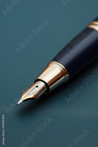 Close-up of an elegant fountain pen showcasing its fine nib and luxurious design, ideal for writing or office decor.