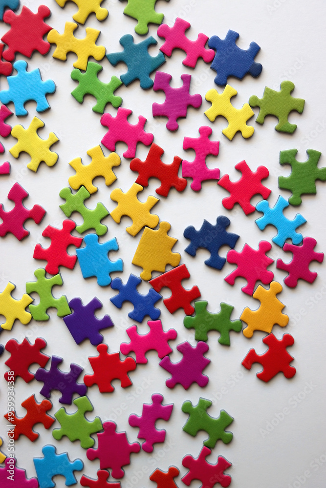 Colorful jigsaw puzzle pieces on white background. Flat lay. Colorful jigsaw puzzle pieces on white background. Flat lay.