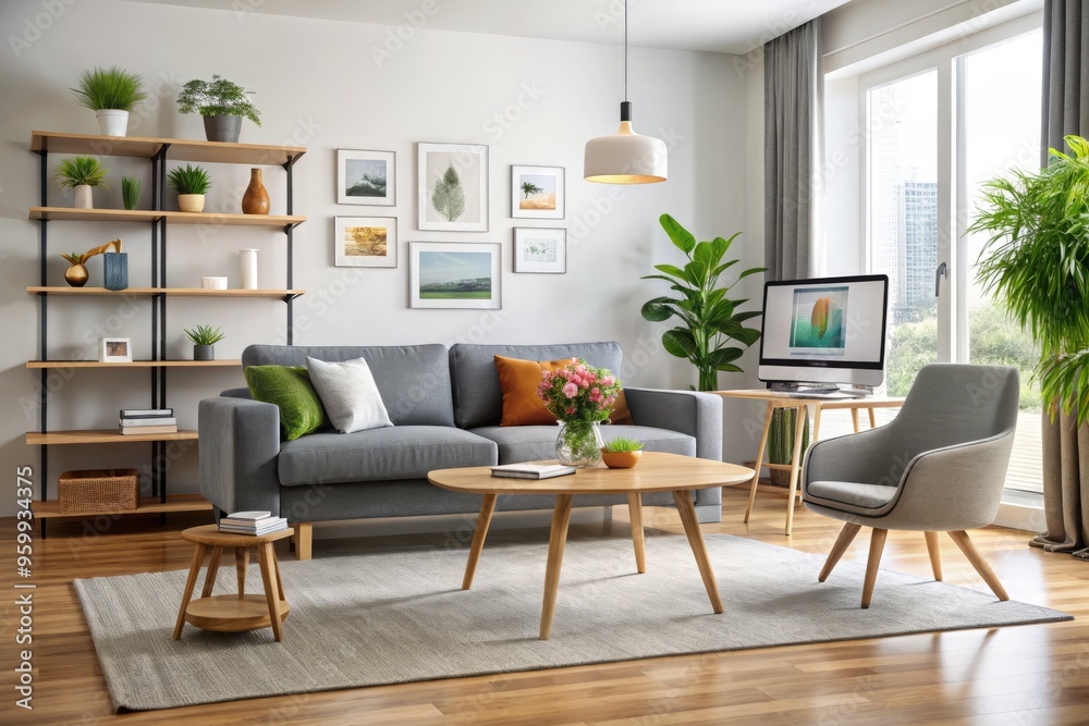 Fototapeta premium Modern living room furniture with couch, armchair, table, decor, and online shopping concept