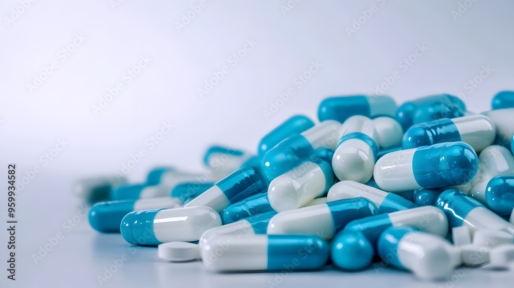 Blue & White Pill Collection on Table, Light Blue & Pale pills on Isolated Background, Medicinal Theme Highlighted Blue & White Pill Collection on Table, Light Blue & Pale pills on Isolated Background, Medicinal Theme Highlighted