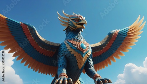 Ancient Thai golden eagle statue soaring high in the blue sky, symbolizing power and culture photo